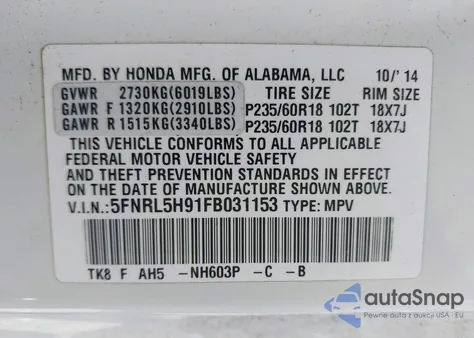 2015 Honda Odyssey Touring/Touring Elite from USA, damaged, VIN 5FNRL5H91FB031153